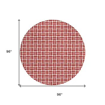 8' Red And Ivory Round Geometric Washable Indoor Outdoor Area Rug