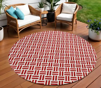 8' Red And Ivory Round Geometric Washable Indoor Outdoor Area Rug