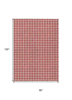 8' X 10' Red And Ivory Geometric Washable Indoor Outdoor Area Rug
