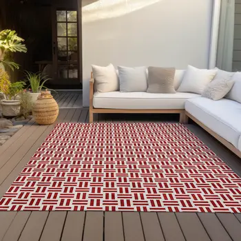 8' X 10' Red And Ivory Geometric Washable Indoor Outdoor Area Rug
