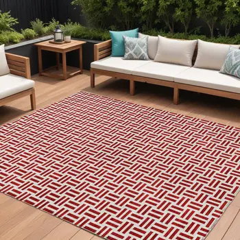 9' X 12' Red And Ivory Geometric Washable Indoor Outdoor Area Rug