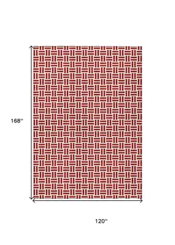 10' X 14' Red And Ivory Geometric Washable Indoor Outdoor Area Rug