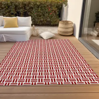10' X 14' Red And Ivory Geometric Washable Indoor Outdoor Area Rug