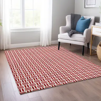 10' X 14' Red And Ivory Geometric Washable Indoor Outdoor Area Rug
