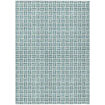 3' X 5' Teal Blue And Ivory Geometric Washable Indoor Outdoor Area Rug