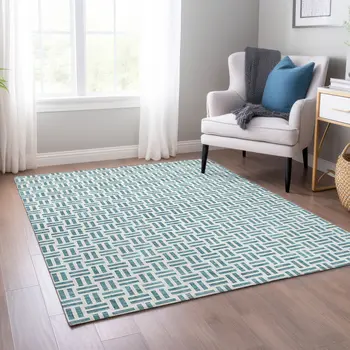 3' X 5' Teal Blue And Ivory Geometric Washable Indoor Outdoor Area Rug