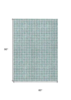 5' X 8' Teal Blue And Ivory Geometric Washable Indoor Outdoor Area Rug