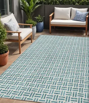 5' X 8' Teal Blue And Ivory Geometric Washable Indoor Outdoor Area Rug
