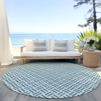 8' Teal Blue And Ivory Round Geometric Washable Indoor Outdoor Area Rug