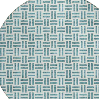 8' Teal Blue And Ivory Round Geometric Washable Indoor Outdoor Area Rug