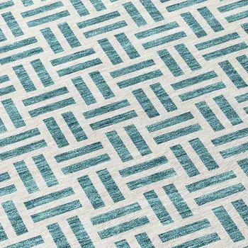 8' Teal Blue And Ivory Round Geometric Washable Indoor Outdoor Area Rug