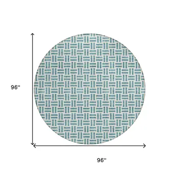 8' Teal Blue And Ivory Round Geometric Washable Indoor Outdoor Area Rug