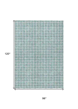 8' X 10' Teal Blue And Ivory Geometric Washable Indoor Outdoor Area Rug