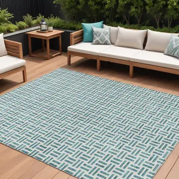 8' X 10' Teal Blue And Ivory Geometric Washable Indoor Outdoor Area Rug