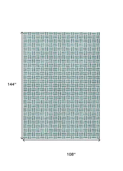 9' X 12' Teal Blue And Ivory Geometric Washable Indoor Outdoor Area Rug
