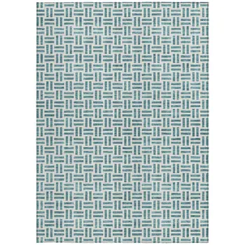 9' X 12' Teal Blue And Ivory Geometric Washable Indoor Outdoor Area Rug