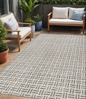 5' X 8' Taupe And Ivory Geometric Washable Indoor Outdoor Area Rug
