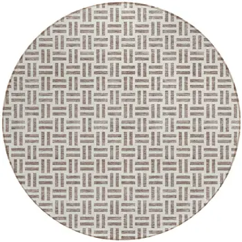 8' Taupe And Ivory Round Geometric Washable Indoor Outdoor Area Rug