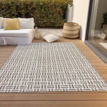 10' X 14' Taupe And Ivory Geometric Washable Indoor Outdoor Area Rug