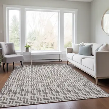 10' X 14' Taupe And Ivory Geometric Washable Indoor Outdoor Area Rug