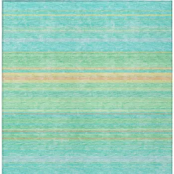 3' X 5' Aqua Green And Yellow Striped Washable Indoor Outdoor Area Rug