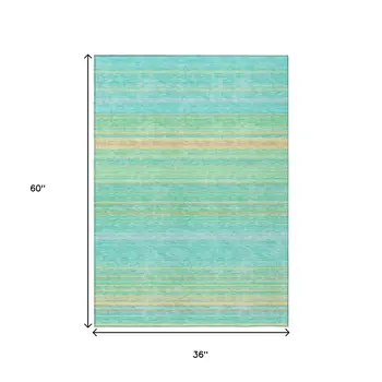 3' X 5' Aqua Green And Yellow Striped Washable Indoor Outdoor Area Rug