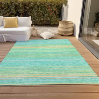 3' X 5' Aqua Green And Yellow Striped Washable Indoor Outdoor Area Rug