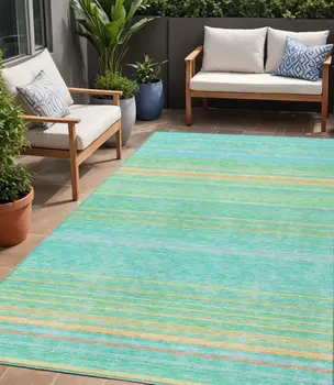 5' X 8' Aqua Green And Yellow Striped Washable Indoor Outdoor Area Rug