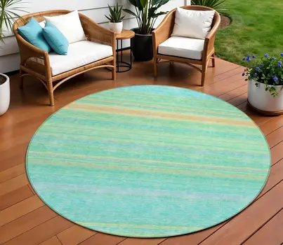 8' Aqua Green And Yellow Round Striped Washable Indoor Outdoor Area Rug