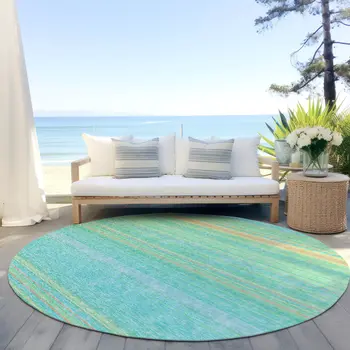 8' Aqua Green And Yellow Round Striped Washable Indoor Outdoor Area Rug