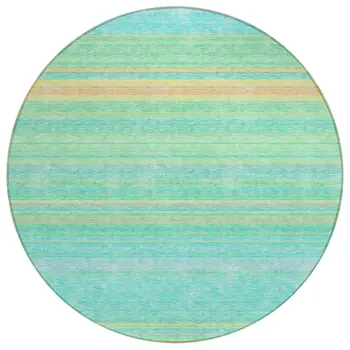 8' Aqua Green And Yellow Round Striped Washable Indoor Outdoor Area Rug