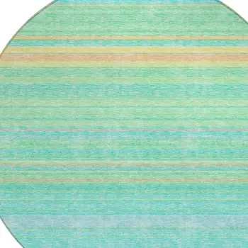 8' Aqua Green And Yellow Round Striped Washable Indoor Outdoor Area Rug