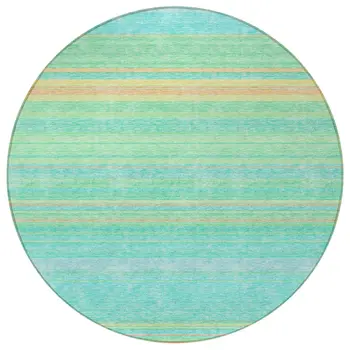 8' Aqua Green And Yellow Round Striped Washable Indoor Outdoor Area Rug