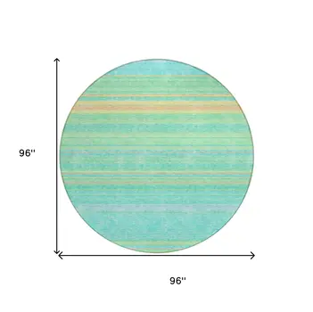 8' Aqua Green And Yellow Round Striped Washable Indoor Outdoor Area Rug