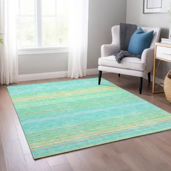 9' X 12' Aqua Green And Yellow Striped Washable Indoor Outdoor Area Rug
