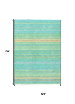 10' X 14' Aqua Green And Yellow Striped Washable Indoor Outdoor Area Rug