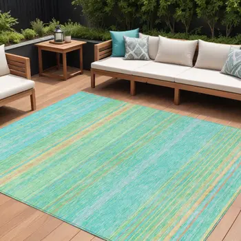10' X 14' Aqua Green And Yellow Striped Washable Indoor Outdoor Area Rug