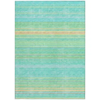 10' X 14' Aqua Green And Yellow Striped Washable Indoor Outdoor Area Rug