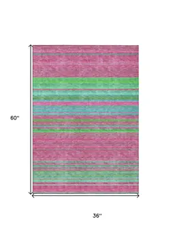 3' X 5' Blush Lime Green And Teal Blue Striped Washable Indoor Outdoor Area Rug