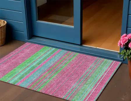 3' X 5' Blush Lime Green And Teal Blue Striped Washable Indoor Outdoor Area Rug