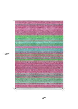 5' X 8' Blush Lime Green And Teal Blue Striped Washable Indoor Outdoor Area Rug