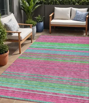 5' X 8' Blush Lime Green And Teal Blue Striped Washable Indoor Outdoor Area Rug