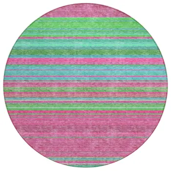 8' Blush Lime Green And Teal Blue Round Striped Washable Indoor Outdoor Area Rug