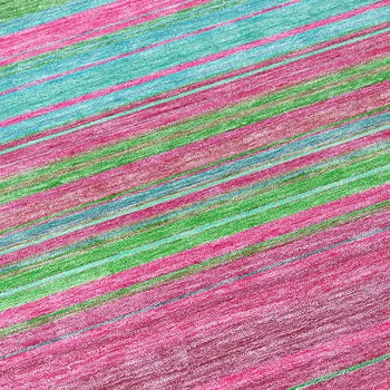 8' Blush Lime Green And Teal Blue Round Striped Washable Indoor Outdoor Area Rug