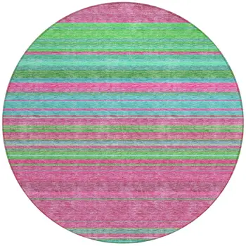 8' Blush Lime Green And Teal Blue Round Striped Washable Indoor Outdoor Area Rug