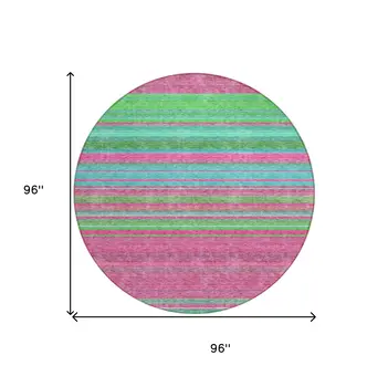 8' Blush Lime Green And Teal Blue Round Striped Washable Indoor Outdoor Area Rug