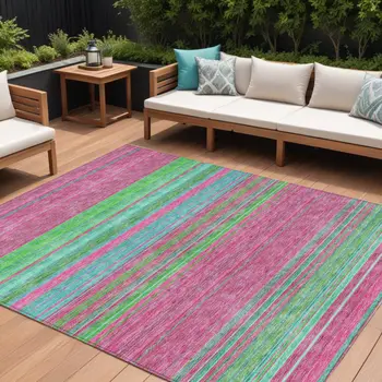 8' X 10' Blush Lime Green And Teal Blue Striped Washable Indoor Outdoor Area Rug