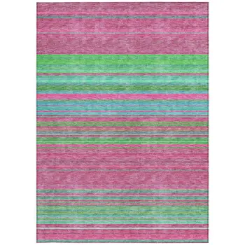 9' X 12' Blush Lime Green And Teal Blue Striped Washable Indoor Outdoor Area Rug