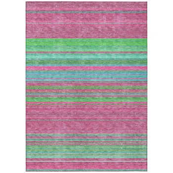 9' X 12' Blush Lime Green And Teal Blue Striped Washable Indoor Outdoor Area Rug