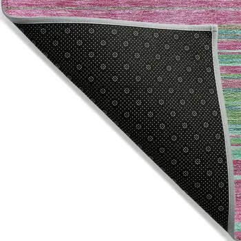 9' X 12' Blush Lime Green And Teal Blue Striped Washable Indoor Outdoor Area Rug